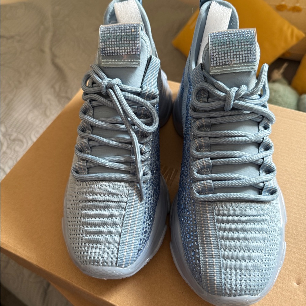 Light Blue Knit Sneakers with Rhinestone Detail